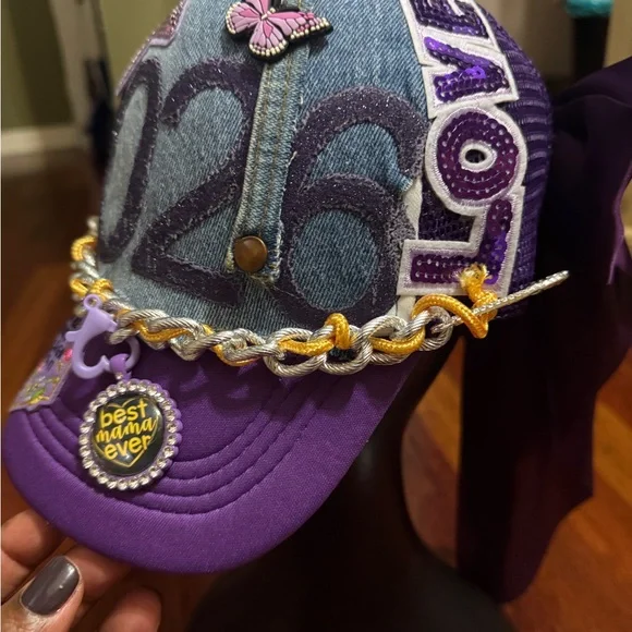 Purple and Gold Embellished Cap 1 of a kind Trucker Hat🔥💜 - Picture 2 of 3